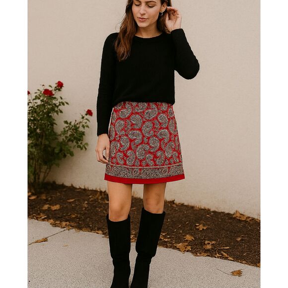 Vintage Red Paisley Stretch Midi Skirt Size 14 Romantic Retro Print - Picture 1 of 8